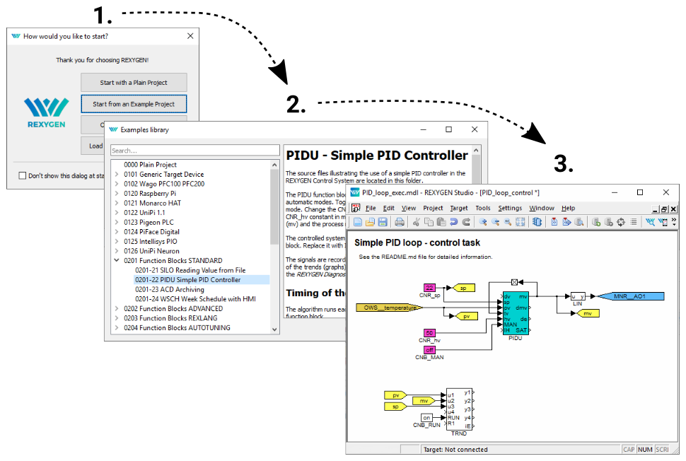 Three simple steps to start from an example project in REXYGEN Studio.